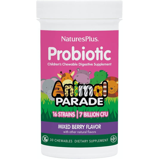 NaturesPlus Animal Parade Probiotic 30 Tablets front view for children's gut health.
