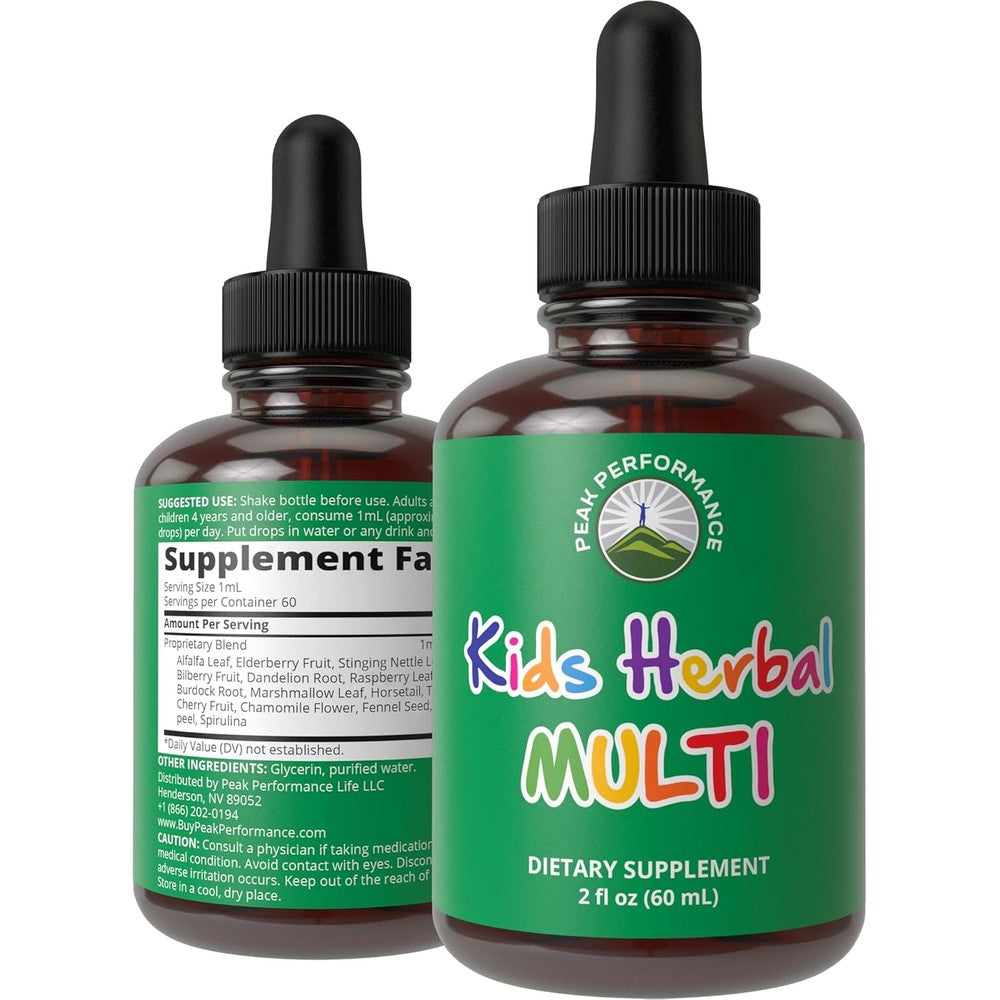 Peak Performance Kids Herbal Multivitamin Drops front view for daily nutrition