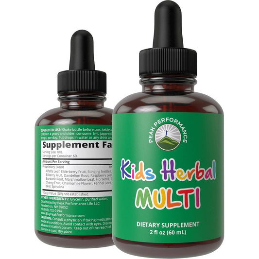 Peak Performance Kids Herbal Multivitamin Drops front view for daily nutrition