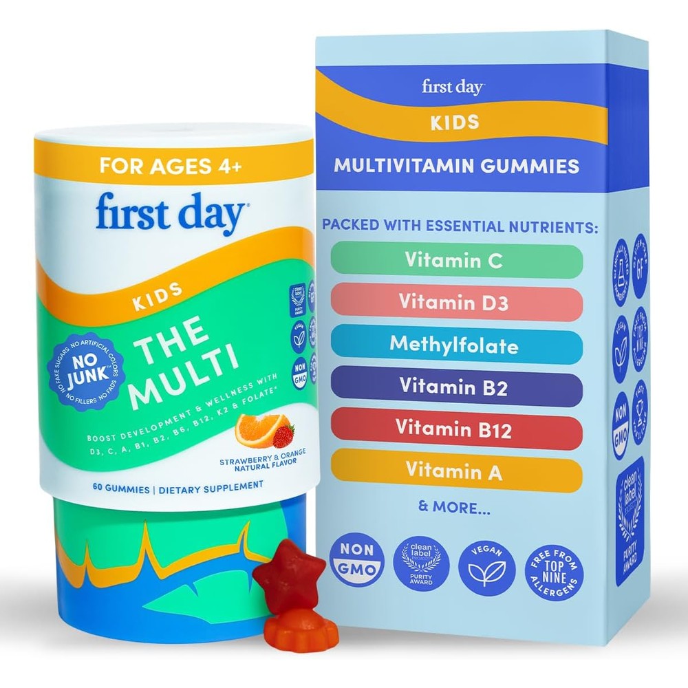 First Day Kids Multivitamin 60 Gummies front view of authentic USA bottle