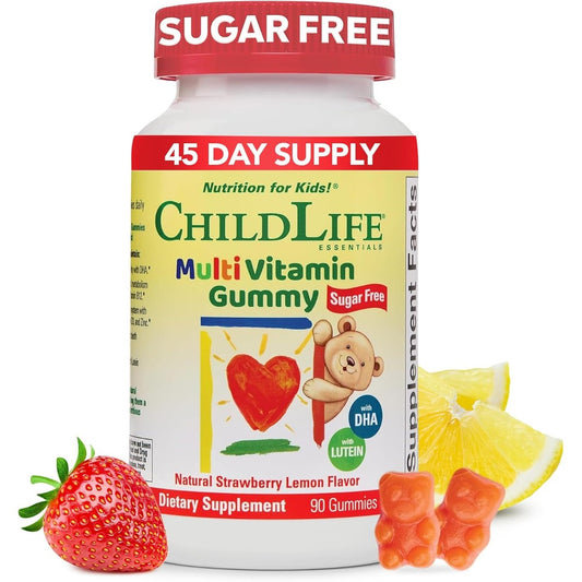ChildLife Essentials Multivitamin Gummies for Kids front view bottle showing strawberry lemon flavor details