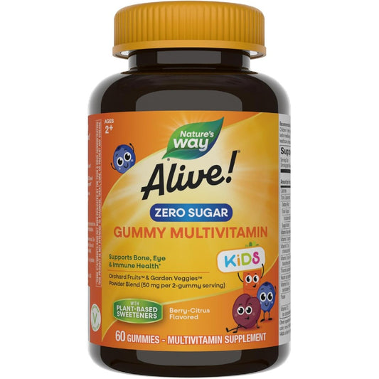 Nature's Way Alive! Kids Zero Sugar Gummy Multivitamin front bottle view for children's health.