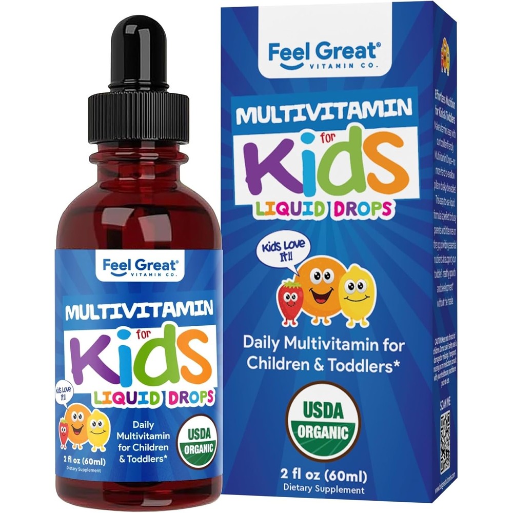 Feel great vitamins organic multivitamin liquid drops bottle with dropper for kids bone development