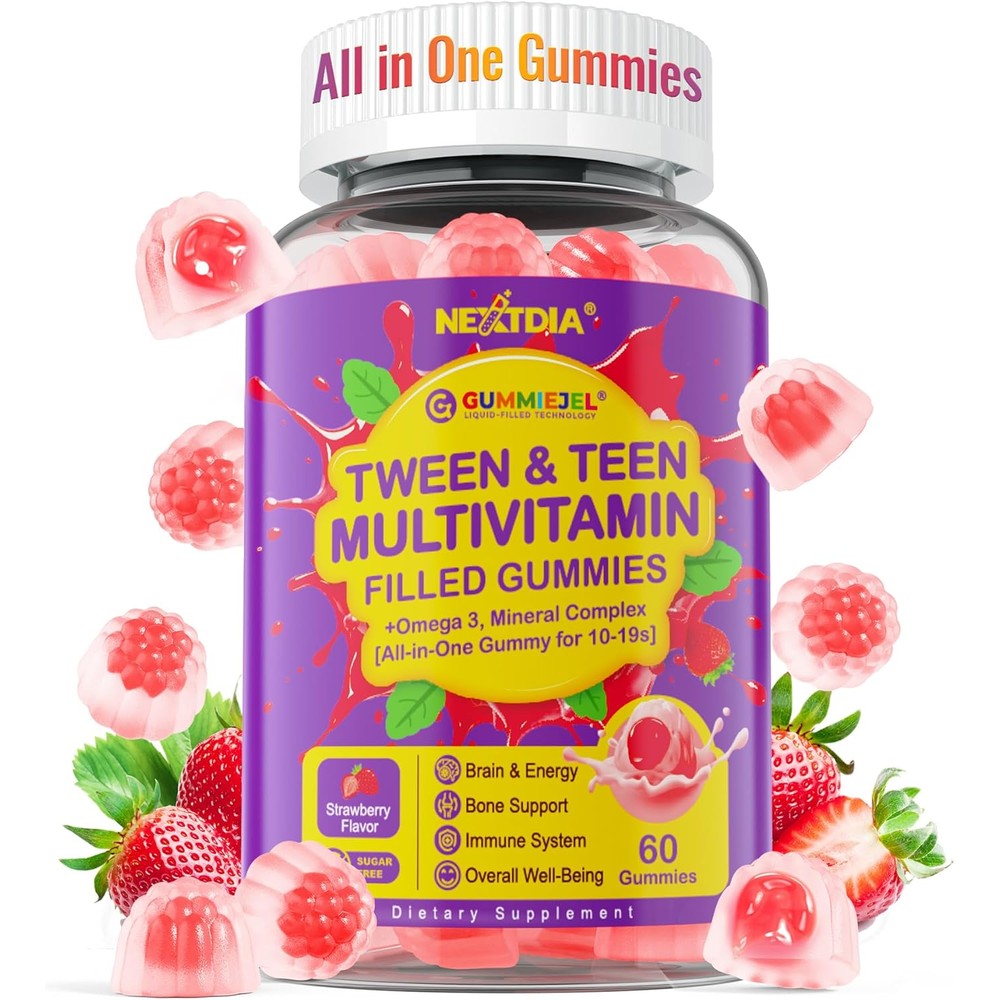 Nextdia teen multivitamin filled gummies with omega 3 for brain and bone support