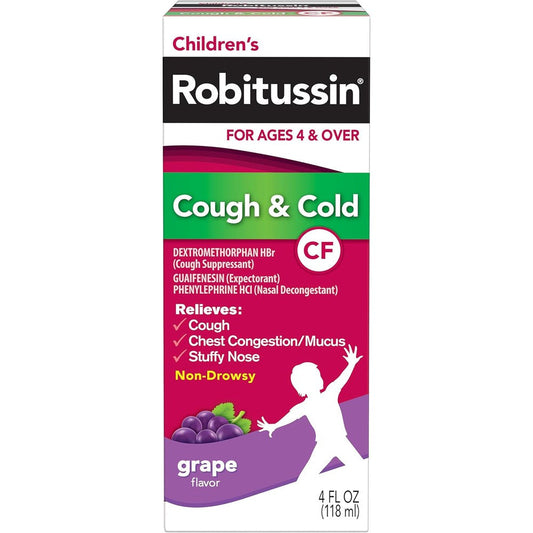 Robitussin Children's CF Cough and Cold Relief front bottle view for pediatric respiratory care.