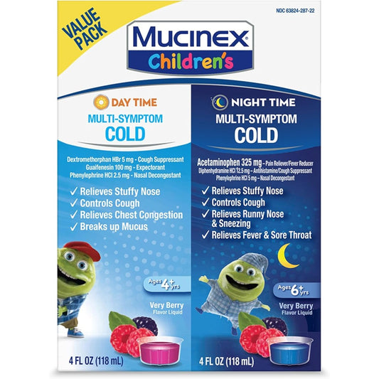 Mucinex Children's Multi-Symptom Day and Night Liquid front view of berry flavored medicine bottles.