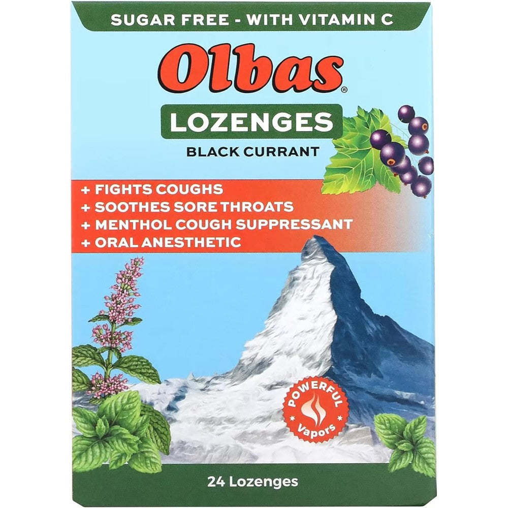 Olbas Sugar-Free Black Currant Lozenges front view packaging for cough relief.