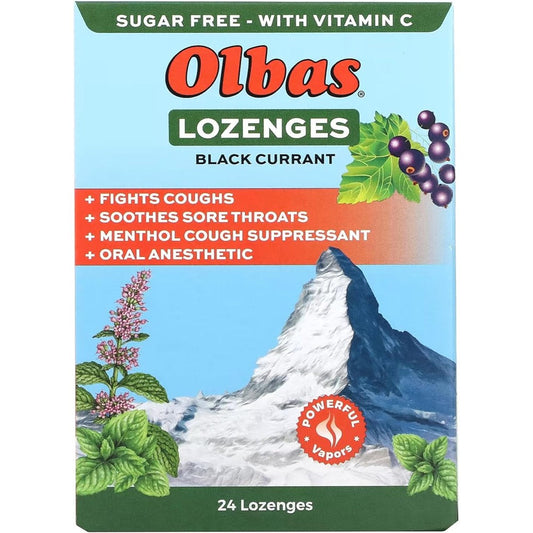 Olbas Sugar-Free Black Currant Lozenges front view packaging for cough relief.