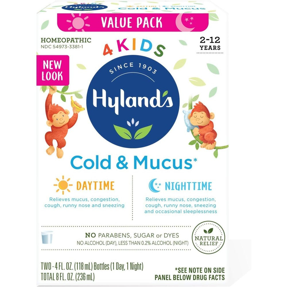 Hyland's Kids Cold and Mucus Day and Night Value Pack front view for pediatric congestion relief.