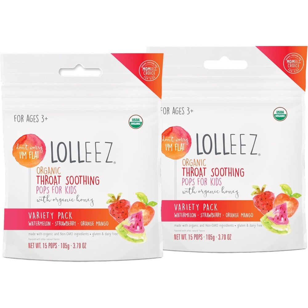 Lolleez Organic Throat Soothing Pops variety pack front view for kids sore throat relief.