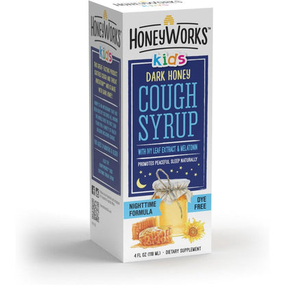 HoneyWorks Nighttime Cough Syrup for Kids front packaging for natural cough relief.