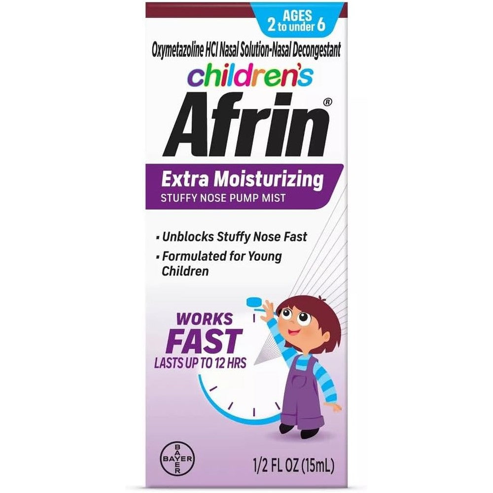 Children's Afrin Extra Moisturizing Stuffy Nose Spray 15ml front view for pediatric congestion relief