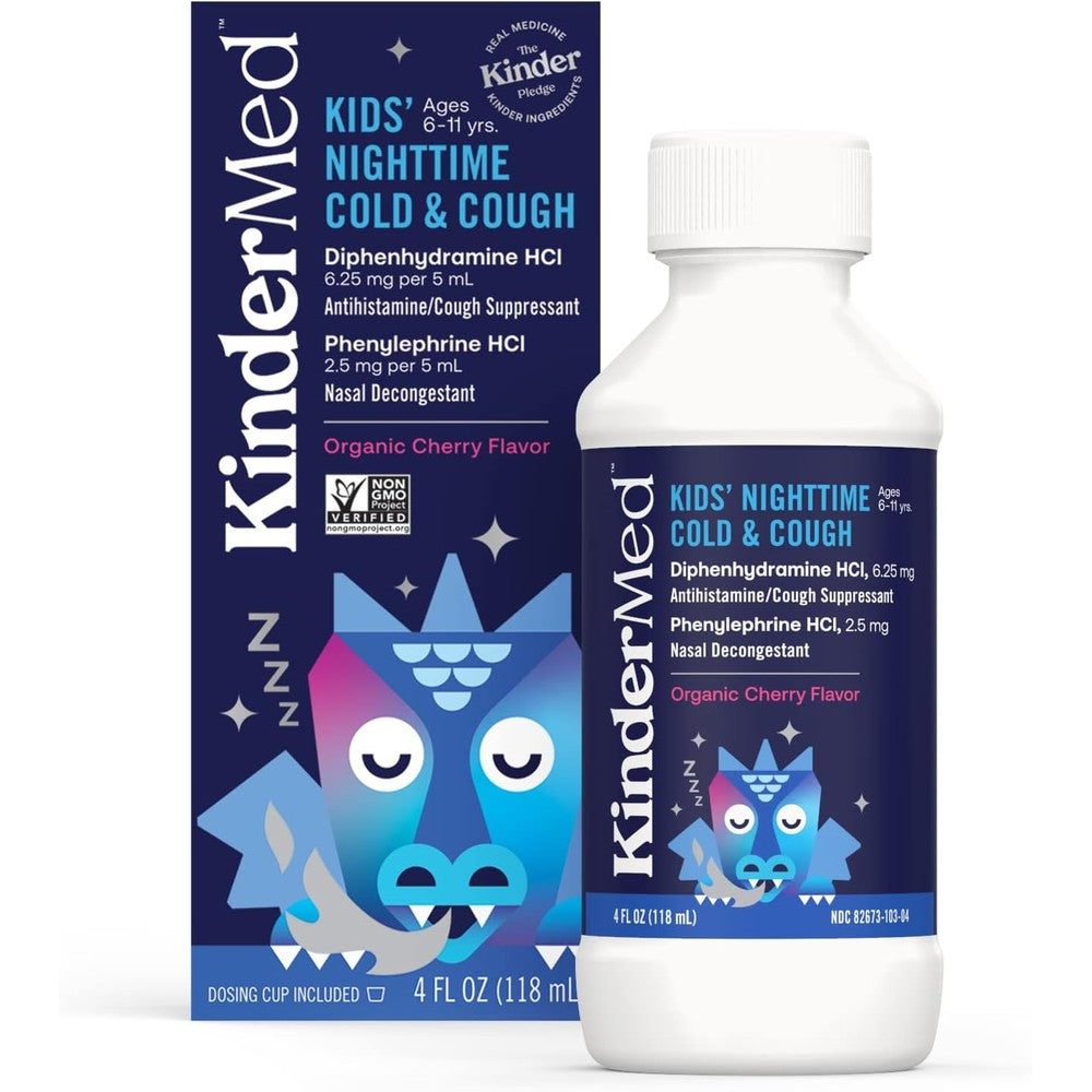 KinderMed Kids' Nighttime Cold and Cough Medicine front view for children's symptom relief.