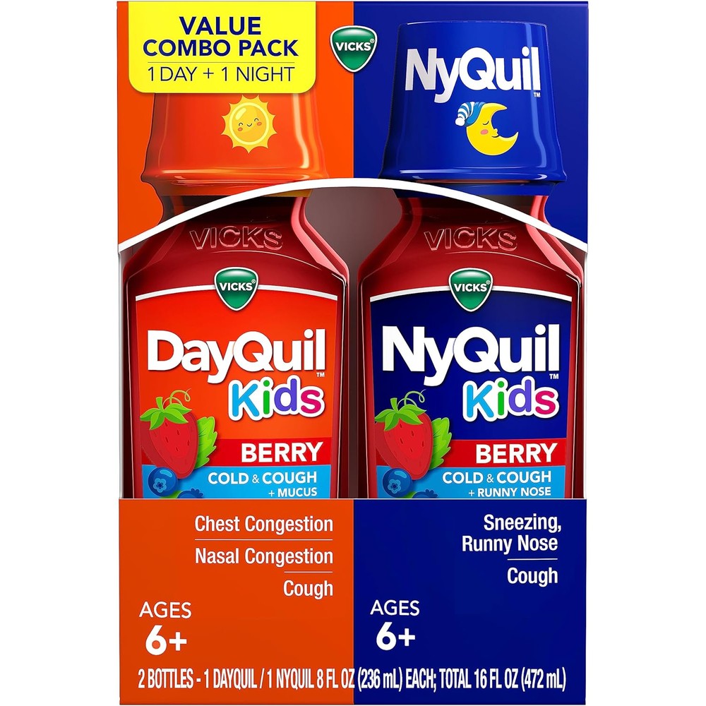 Vicks Kids DayQuil and NyQuil Berry Co-Pack front view for children's cold relief.