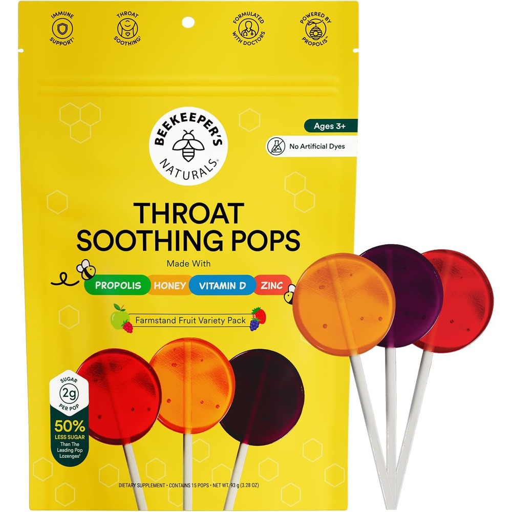 Beekeeper's Naturals Kids Throat Soothing Lollipops front packaging for immune support.