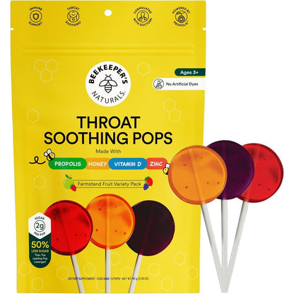 Beekeeper's Naturals Kids Throat Soothing Lollipops front packaging for immune support.