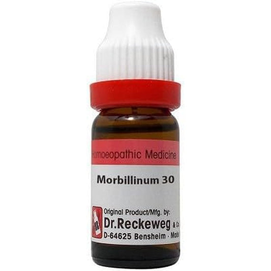 Happy Heal Dr. Reckeweg Morbillinum 30 11 ml bottle front view for homeopathic skin and respiratory relief.