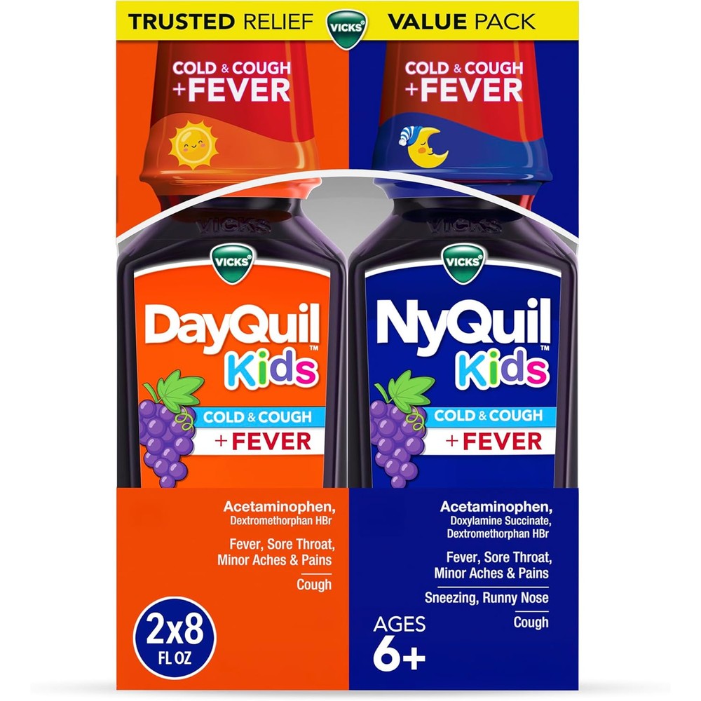 Vicks DayQuil and NyQuil Kids Grape Co Pack front view for cold relief.