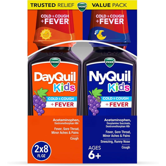 Vicks DayQuil and NyQuil Kids Grape Co Pack front view for cold relief.