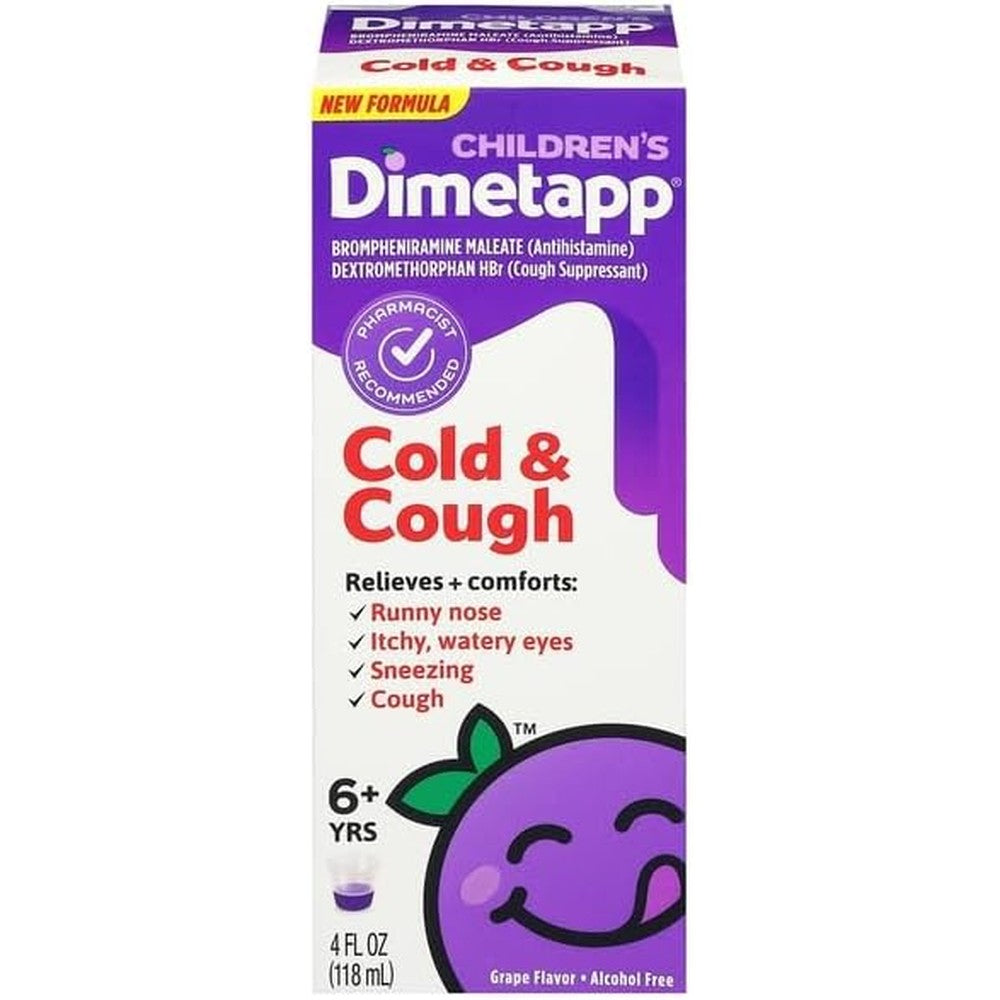 Dimetapp Children's Cold and Cough grape liquid front view for pediatric respiratory relief.