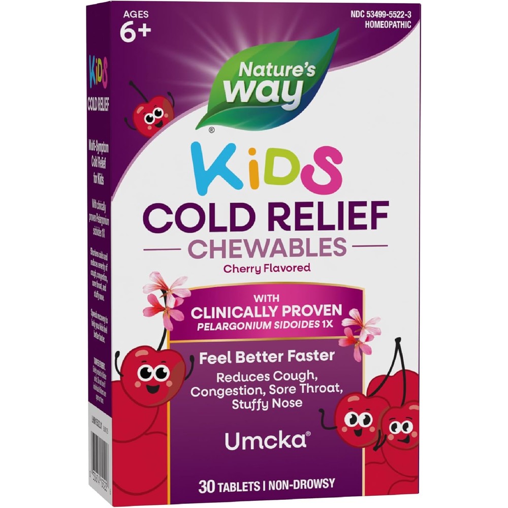 Nature's Way Umcka Kids Cold Relief Chewables front packaging showing cherry flavor