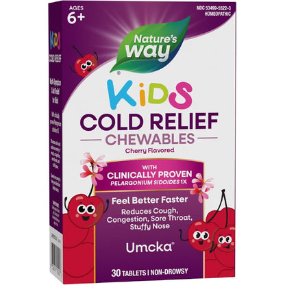 Nature's Way Umcka Kids Cold Relief Chewables front packaging showing cherry flavor