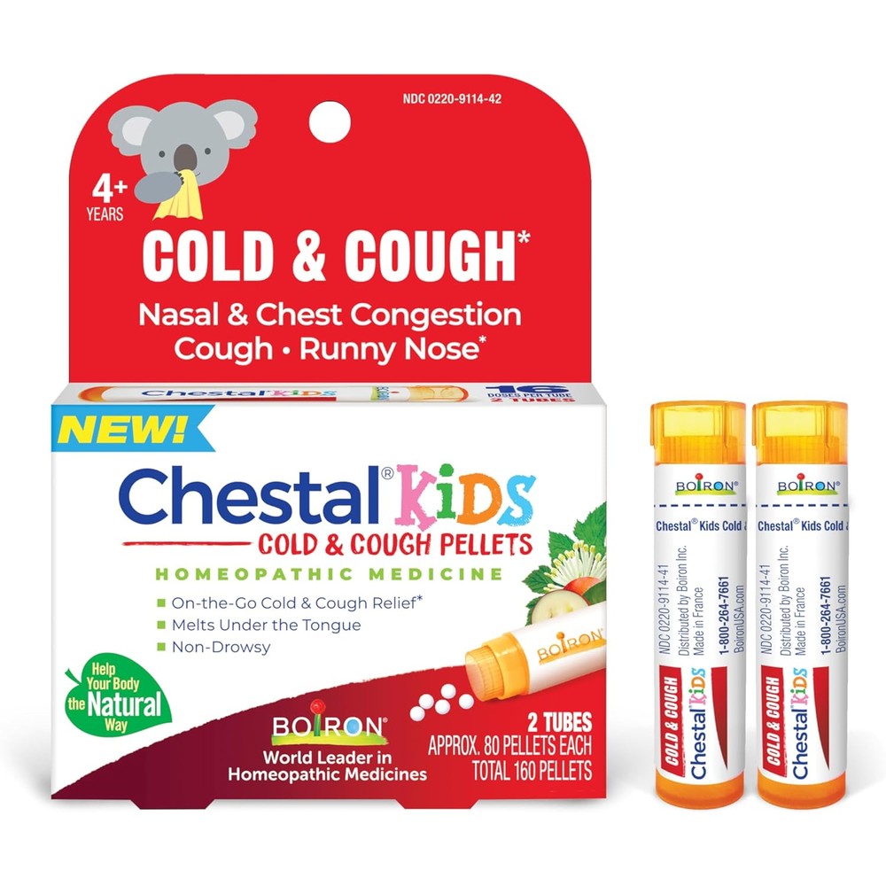 Boiron Chestal Kids Cold and Cough Pellets front packaging showing 2 count tubes.