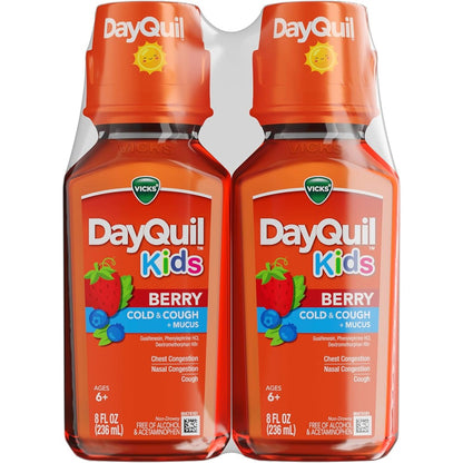Vicks Kids DayQuil Berry Cold and Cough Medicine front view for kids congestion relief.
