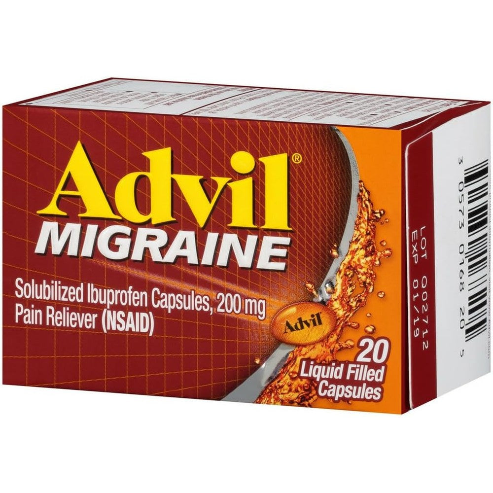 Advil Migraine 200mg 20 Liquid Capsules front view for fast pain relief.