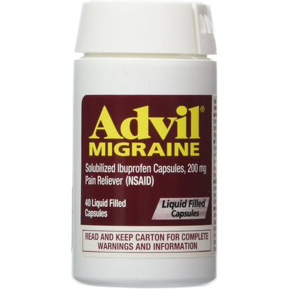 Advil Migraine 40 Liquid Gels front packaging for fast pain relief.