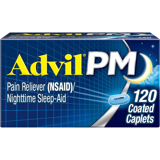 Advil PM Pain Reliever and Nighttime Sleep Aid 120 Coated Caplets front bottle view.