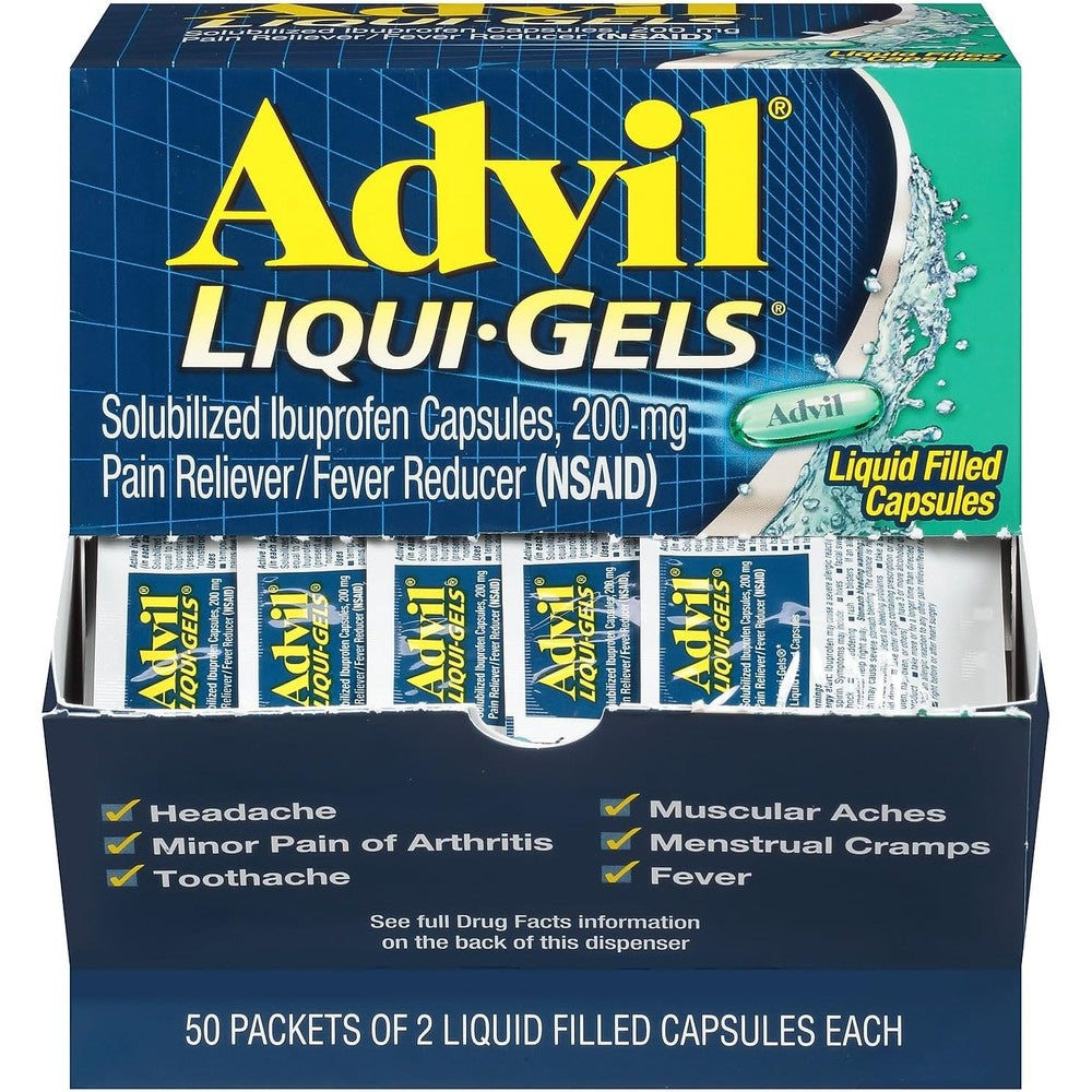 Advil Liqui Gels Ibuprofen 200mg front view of dispenser box for fast acting pain relief