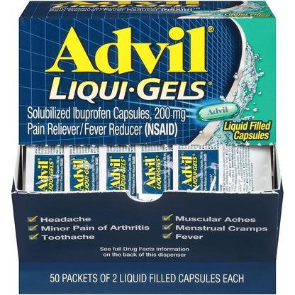 Advil Liqui Gels Ibuprofen 200mg front view of dispenser box for fast acting pain relief