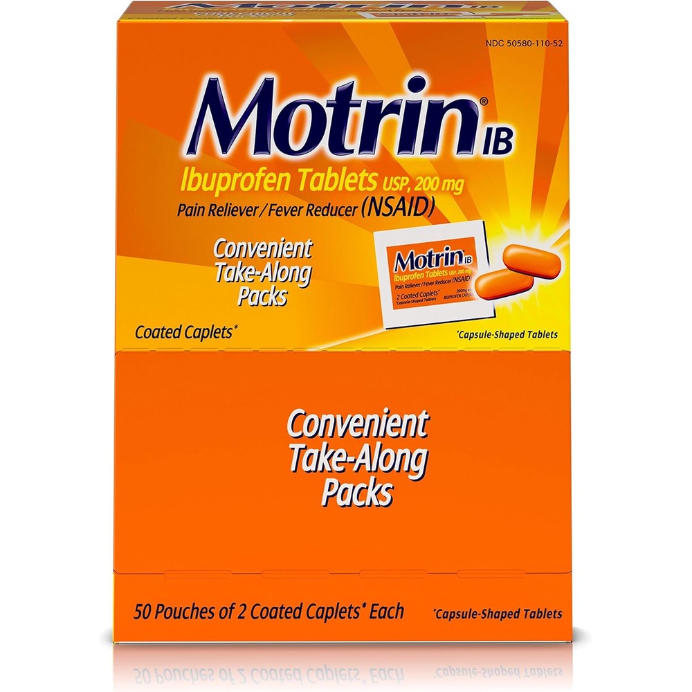 Motrin IB Ibuprofen Tablets 200 mg 50 packets front view box
