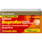 GoodSense Children's Ibuprofen 100mg 24 count bottle front view for kids fever relief