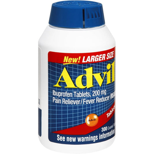 Ibuprofen coated advil motrin tablets in a three bottle value pack for pain relief