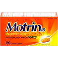 Motrin IB Ibuprofen 200mg 100 count front packaging for pain relief