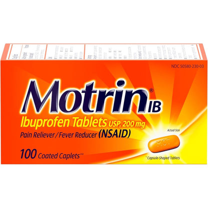 Motrin IB Ibuprofen 200mg 100 count front packaging for pain relief