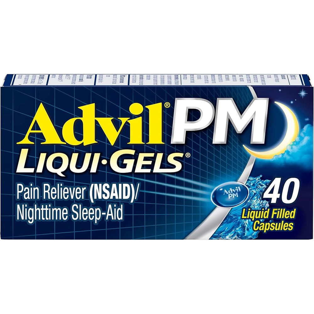 Advil PM 40 Liquid Filled Capsules front packaging for nighttime pain relief.