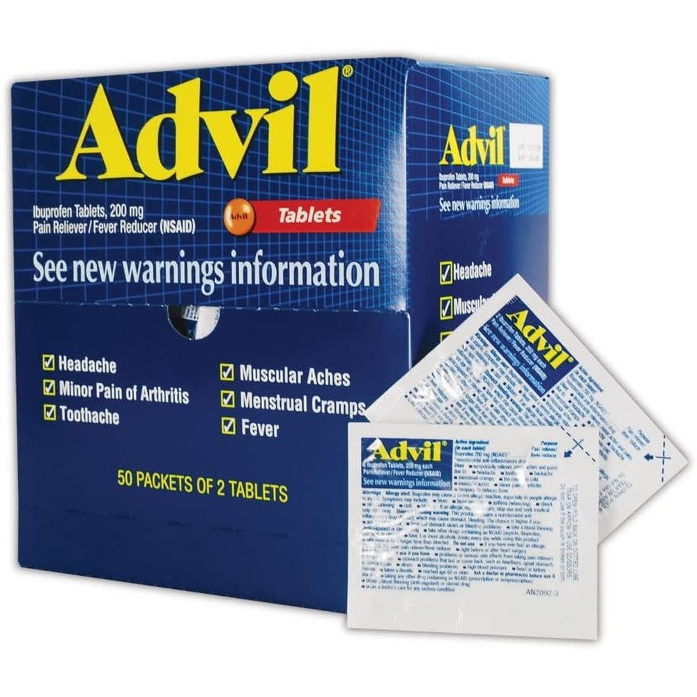 Advil Ibuprofen 200mg 50 Packets of 2 Tablets front view for pain relief.