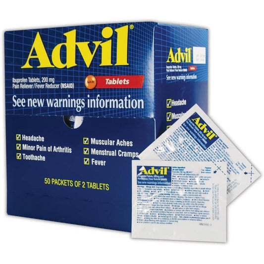 Advil Ibuprofen 200mg 50 Packets of 2 Tablets front view for pain relief.
