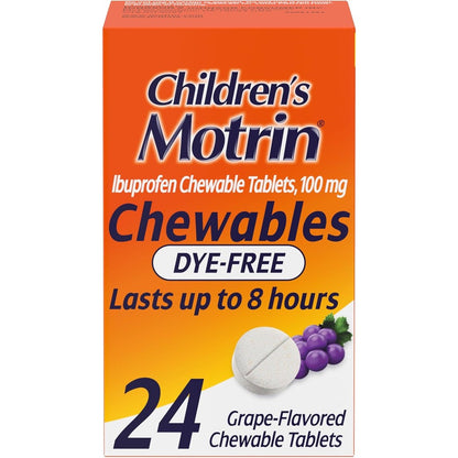 Motrin children's dye free chewable 24 tablets box in grape flavor