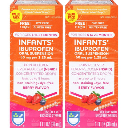 Rite Aid Infants' Dye Free Ibuprofen Drops 2-pack front view for fever relief