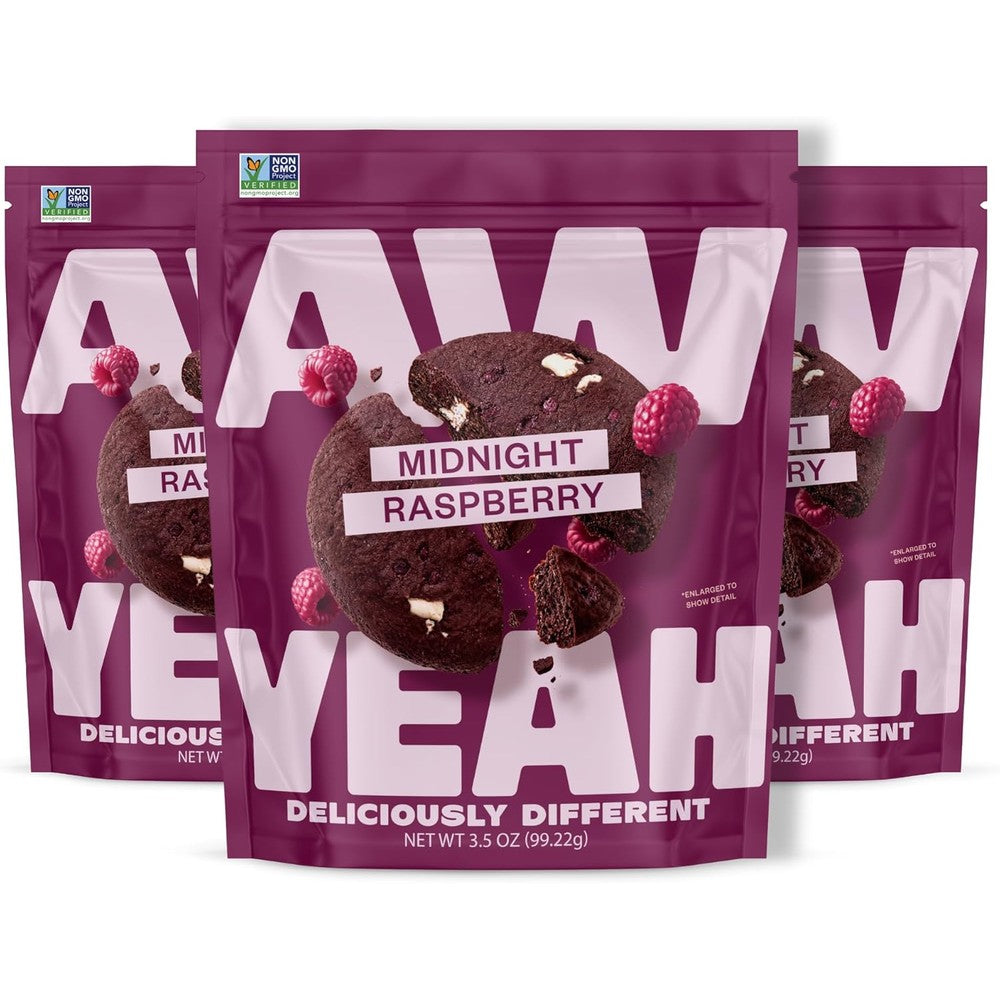 AwYeah Midnight Raspberry Mini Cookies front view showing 3.5 ounce packaging.