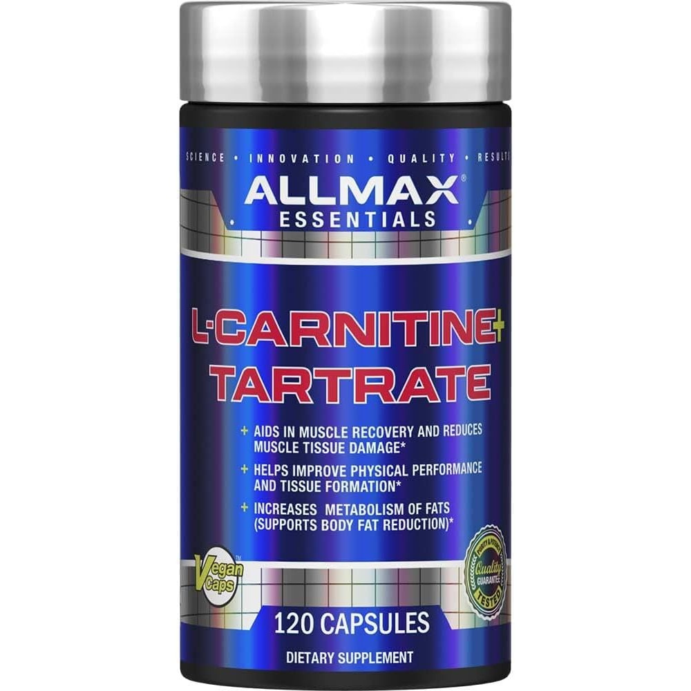 AllMax Nutrition L-Carnitine Tartrate 120 capsules front bottle view for fat metabolism.