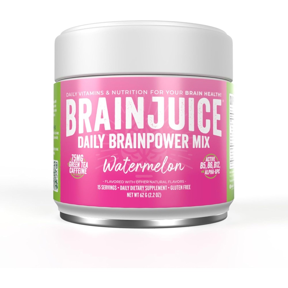 BrainJuice Nootropics Brain Support Supplement front view watermelon flavor powder.