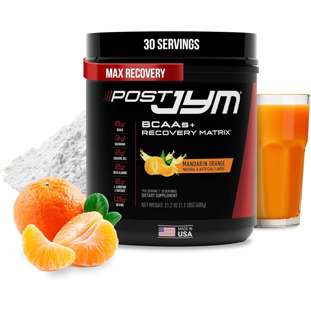 JYM Supplement Science Post JYM Active Matrix Mandarin Orange container front view for post-workout recovery.