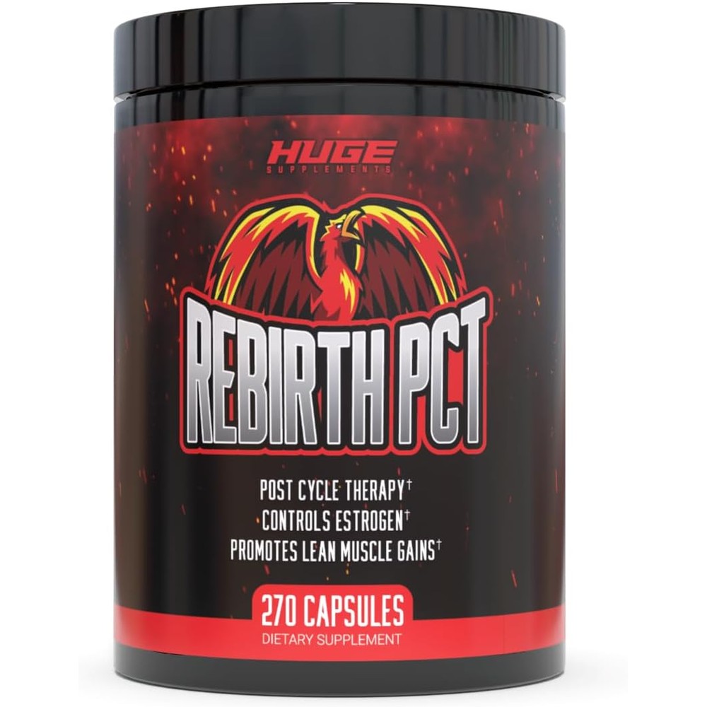 Huge Supplements Rebirth PCT front view bottle with 270 capsules for hormone support.