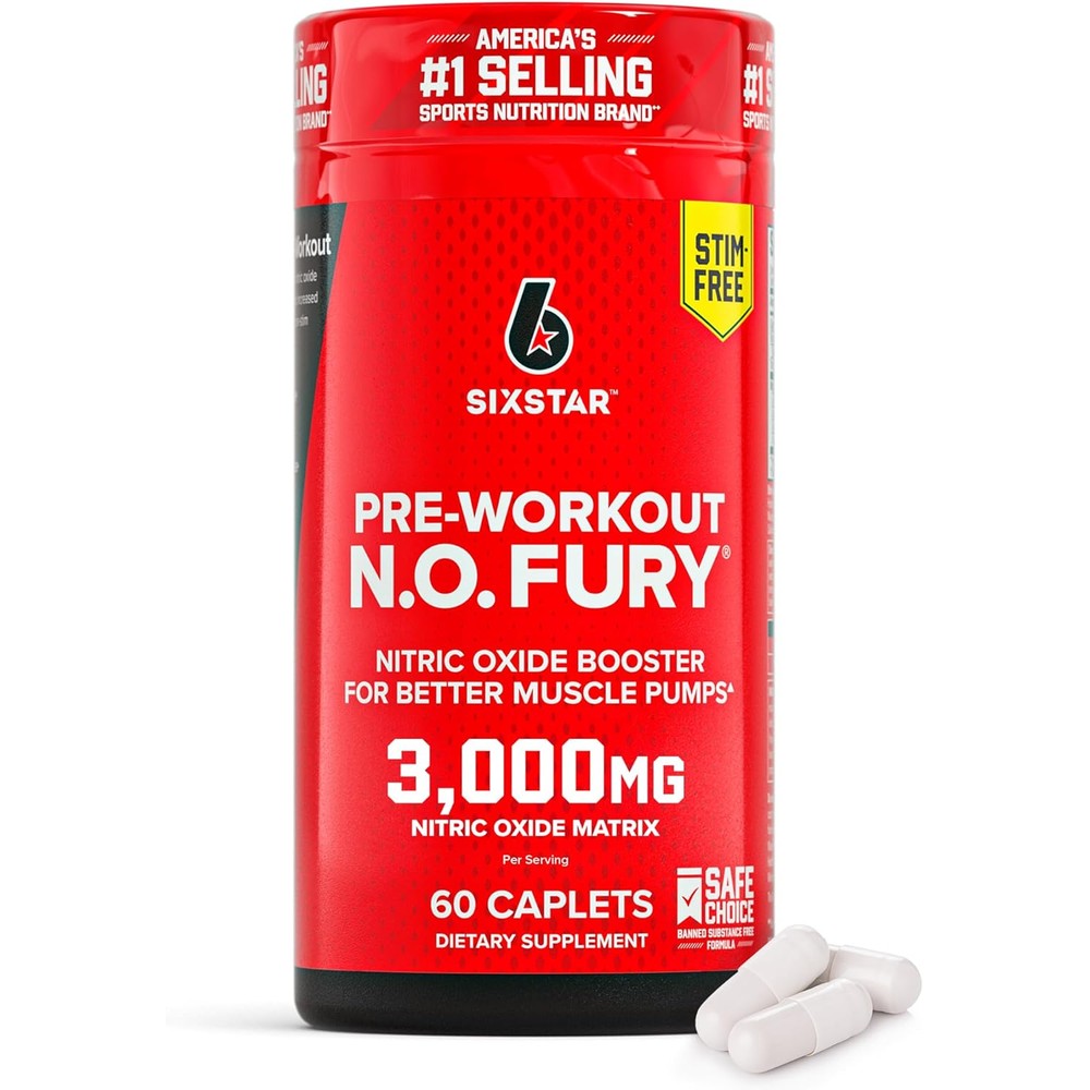 Six Star Nitric Oxide Fury 60 caplets front bottle view for muscle pump