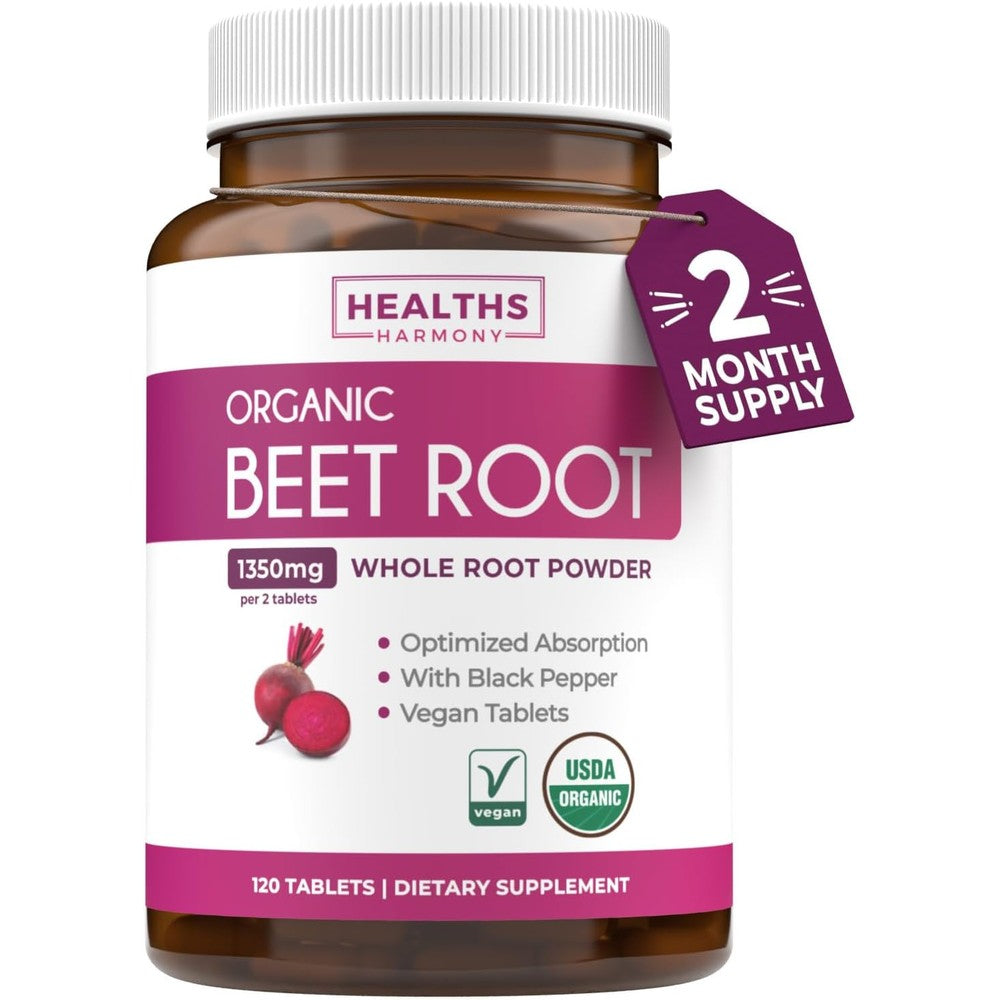 Healths Harmony Organic Beet Root Powder 120 tablets front bottle view